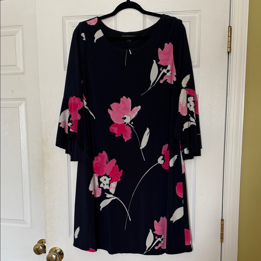 LAUREN Ralph Lauren Navy and Pink Floral Flowy Dress 12-14